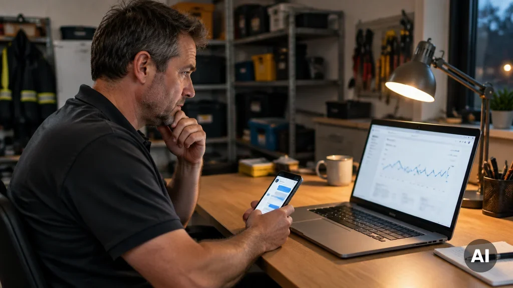 Inhaber eines regionalen Betriebs sitzt am Schreibtisch vor einem Laptop mit einem Analytics-Diagramm und hält daneben ein Smartphone mit geöffnetem KI-Chat (KI-generiertes Bild)